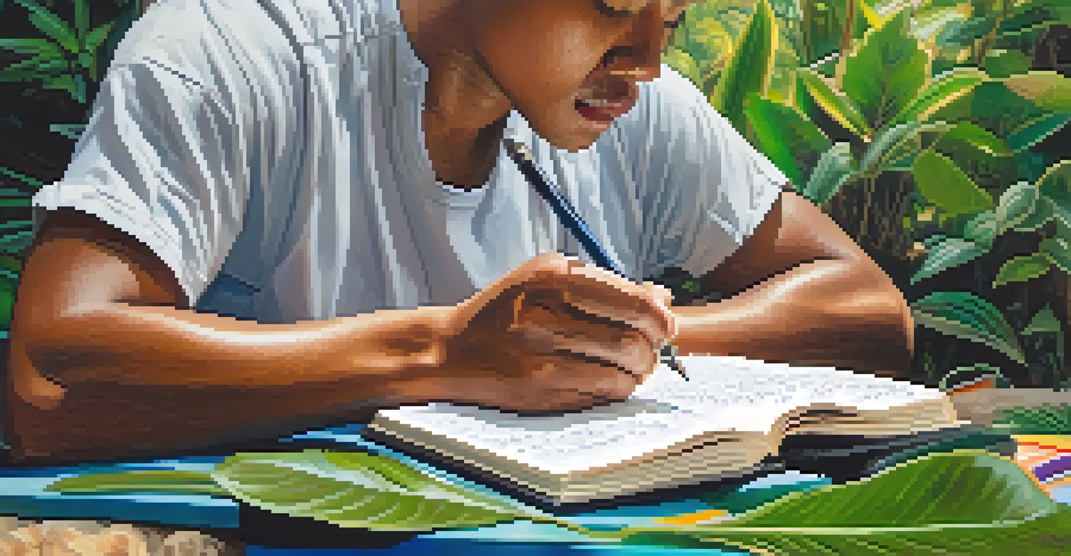 A person journaling with colorful sketches after an Ayahuasca ceremony in a serene outdoor setting.