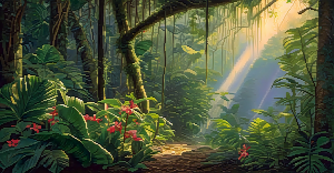 A peaceful Amazon rainforest at dawn with lush greenery and golden sunlight filtering through the trees.