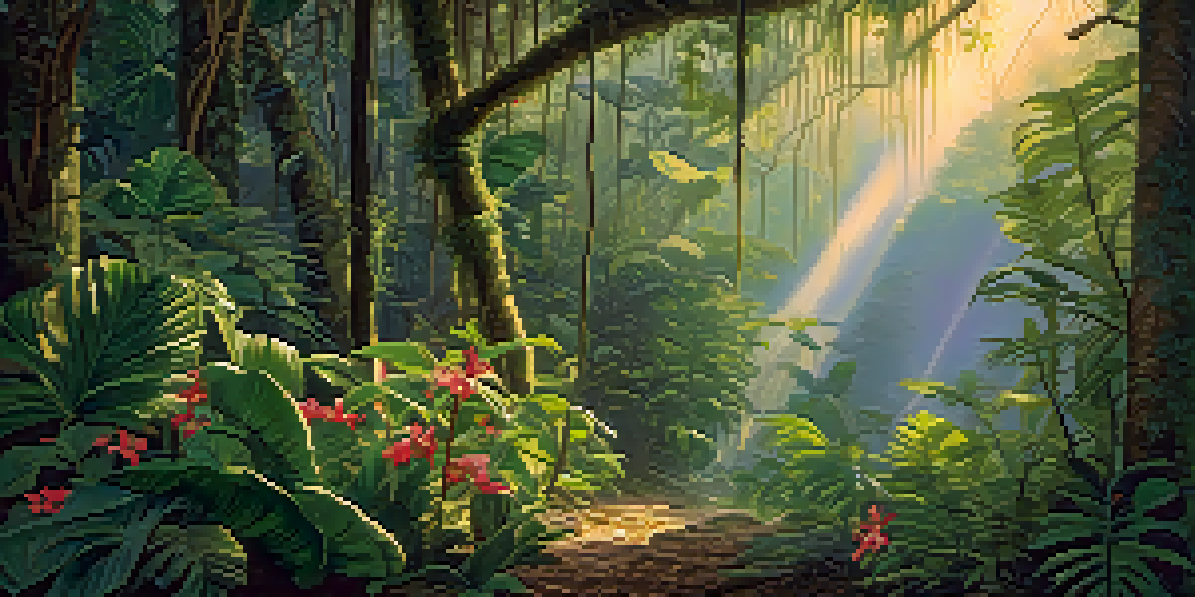 A peaceful Amazon rainforest at dawn with lush greenery and golden sunlight filtering through the trees.