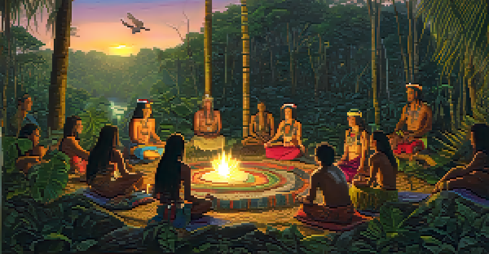 An Amazon rainforest at twilight with a shamanic altar and a group of diverse individuals in conversation.