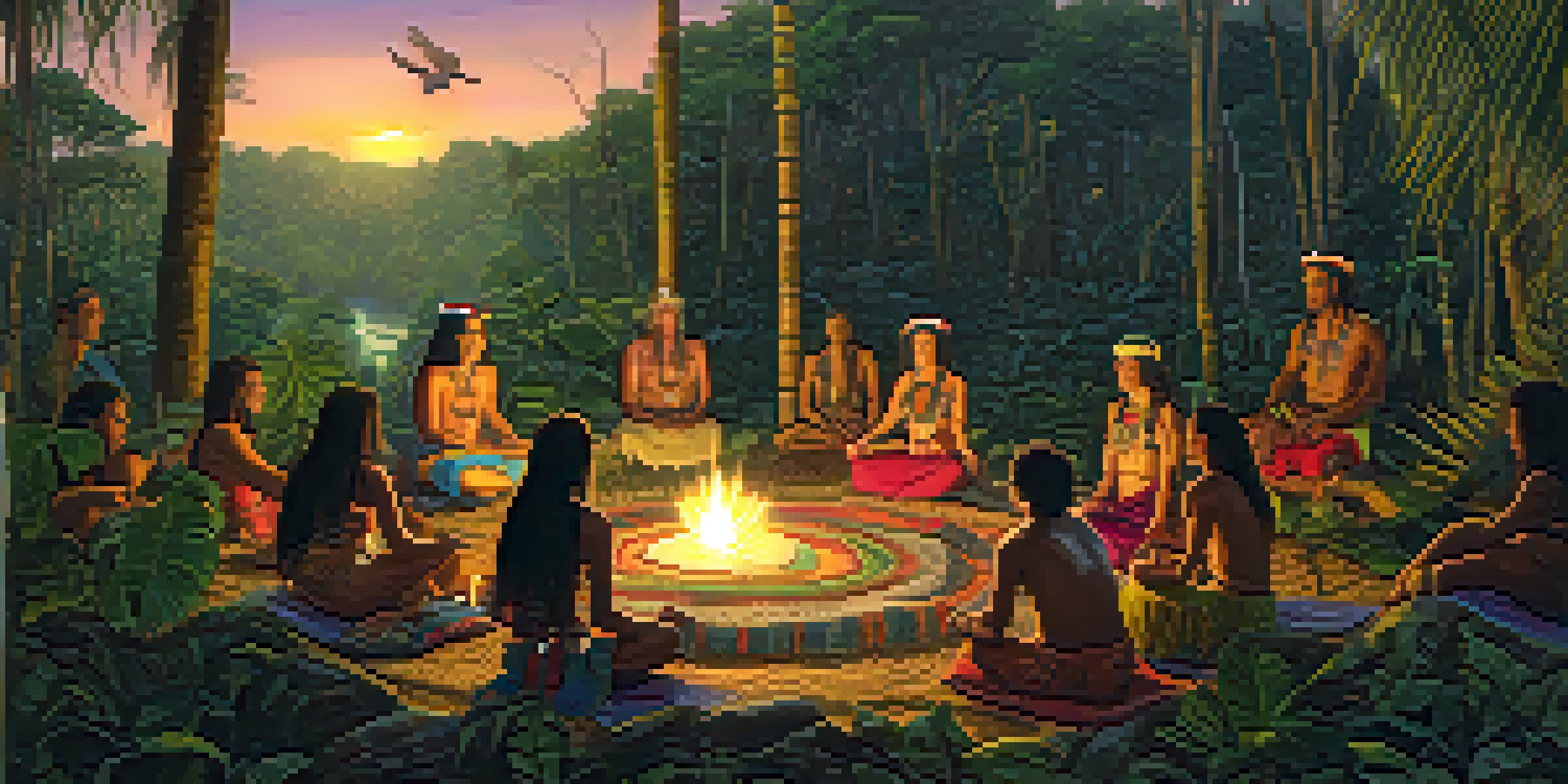 An Amazon rainforest at twilight with a shamanic altar and a group of diverse individuals in conversation.