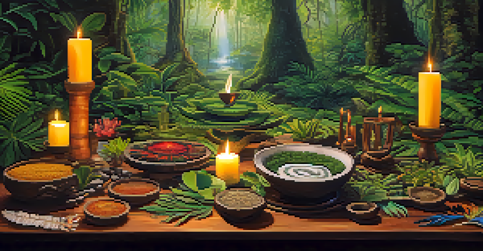 A well-decorated table for an Ayahuasca retreat, featuring a ceremonial bowl, candles, and natural elements, set against a rainforest backdrop.