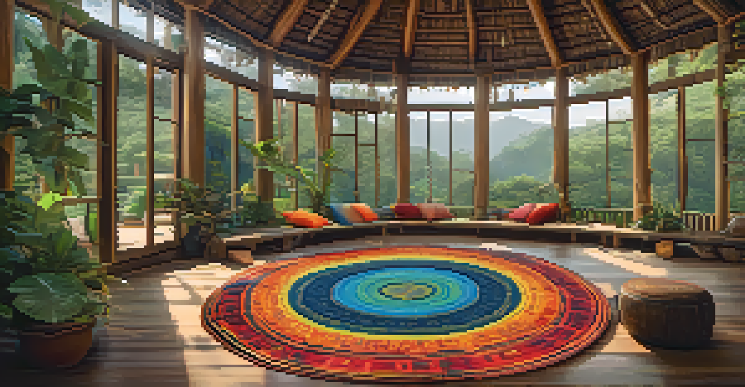 A cozy Ayahuasca retreat center with warm decor and participants in quiet reflection.