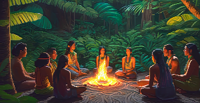 Participants in a circle around a glowing fire during an Ayahuasca ceremony in a lush green jungle, illuminated by soft warm light.