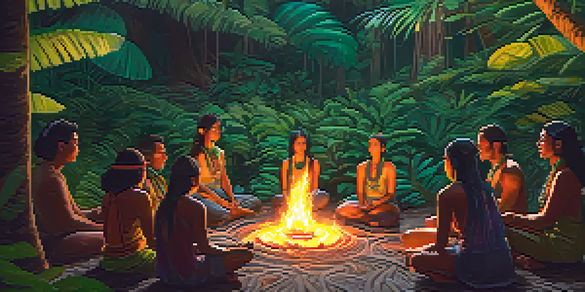 Participants in a circle around a glowing fire during an Ayahuasca ceremony in a lush green jungle, illuminated by soft warm light.