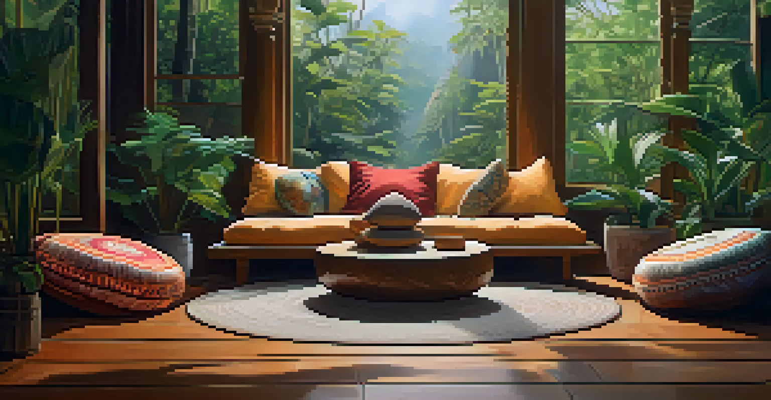 A circle of cushions on a wooden floor, surrounded by plants and soft lighting, creating a tranquil atmosphere.