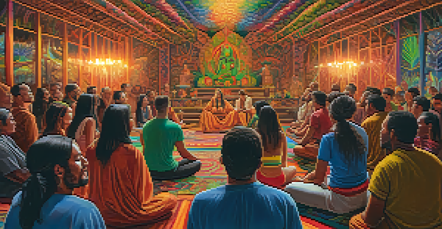 A vibrant Ayahuasca ceremony in a large group setting, with participants sharing experiences in a candle-lit room filled with energy and connection.