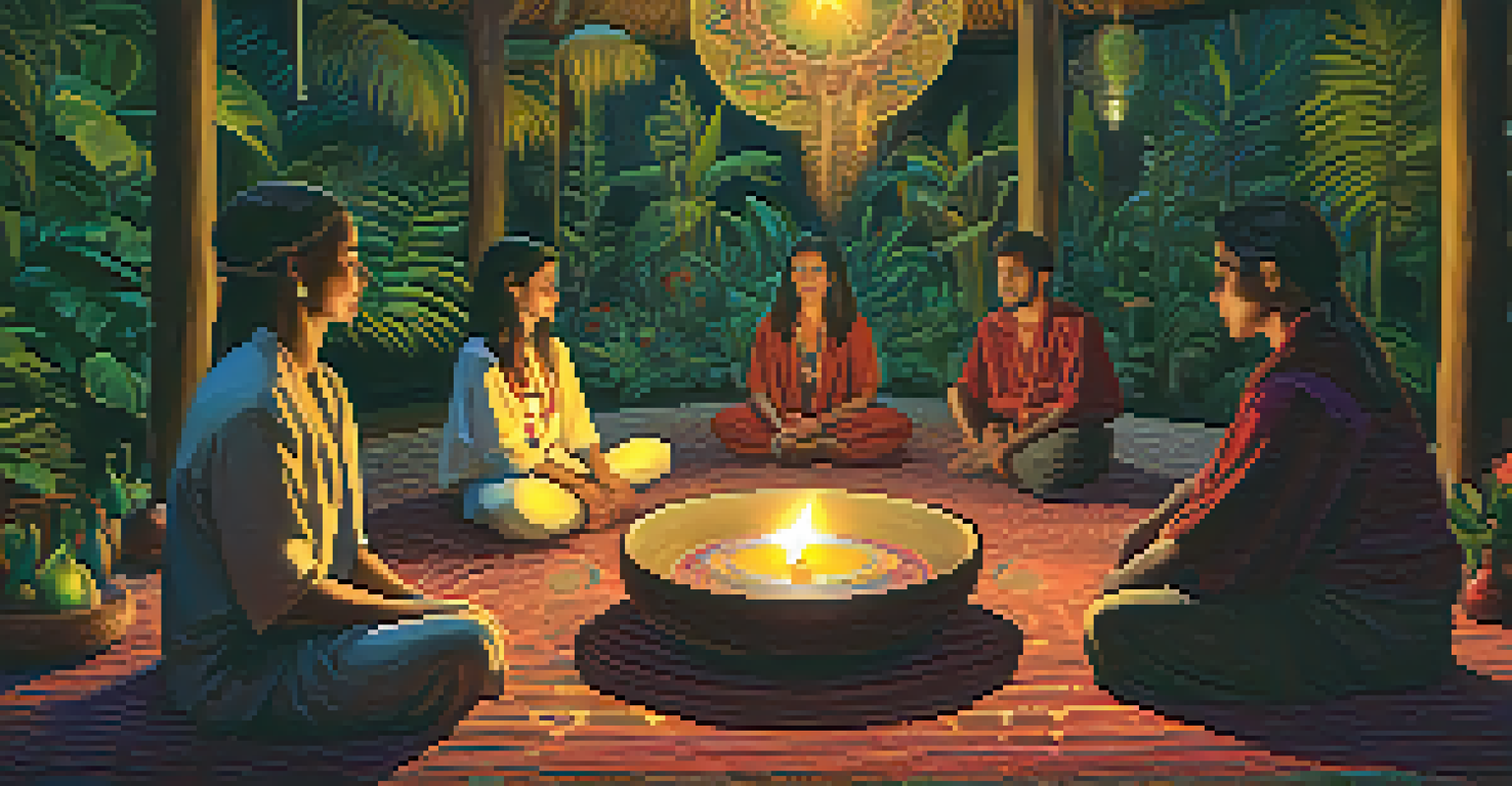 A cozy Ayahuasca ceremony setting with participants sitting on mats in a dimly lit room, candles flickering, and a bowl of Ayahuasca brew at the center.