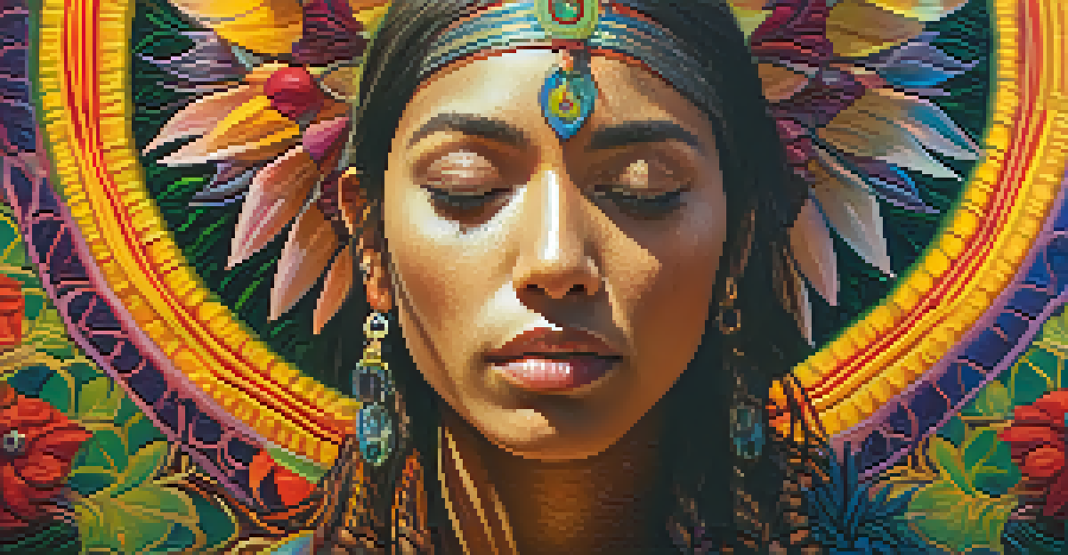 A participant in deep contemplation during an ayahuasca ceremony, with colorful visions mirrored in the background and surrounded by natural elements.