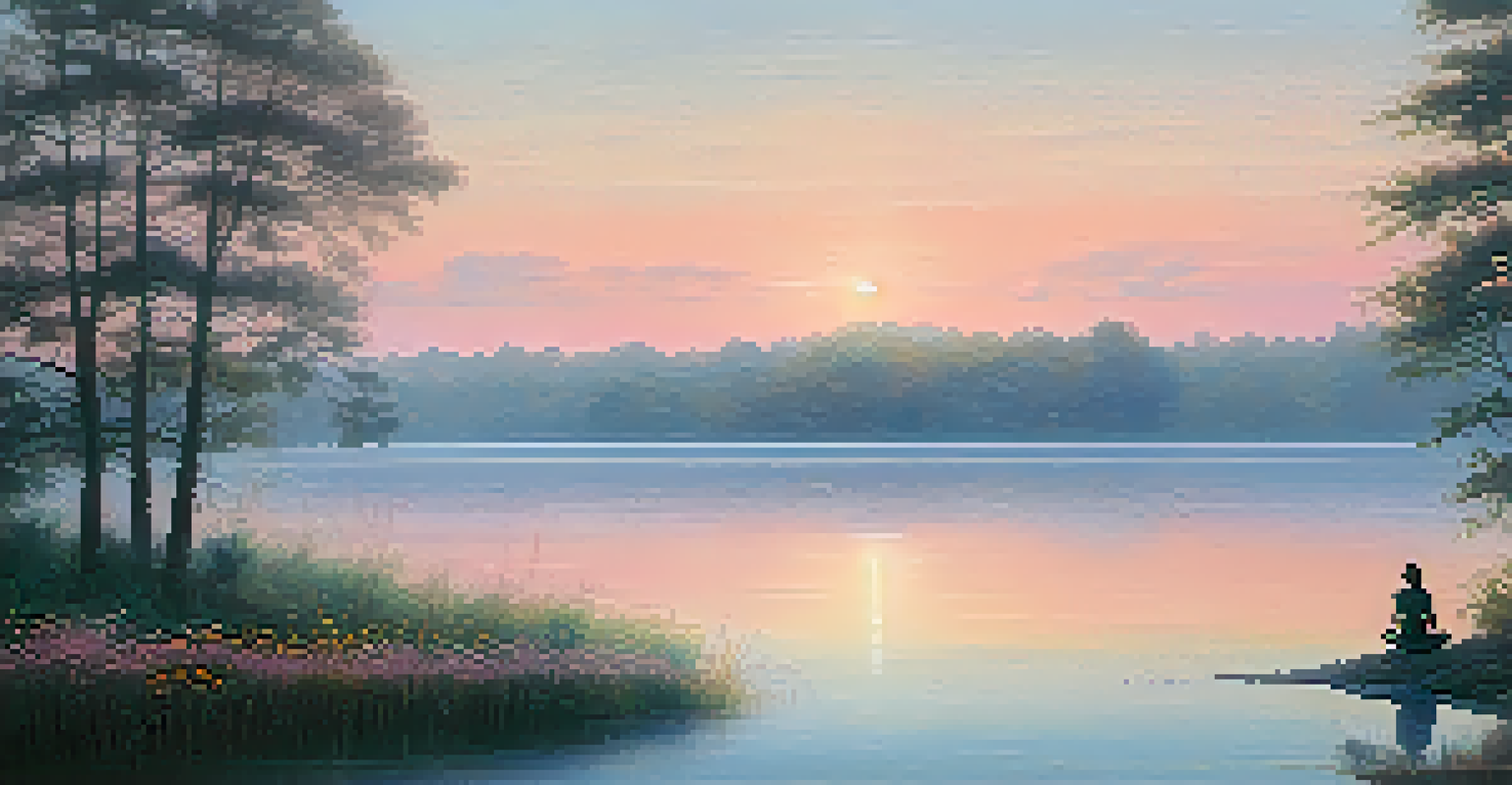 A peaceful lakeside scene at dawn, with mist and pastel colors in the sky, featuring a person meditating by the water.