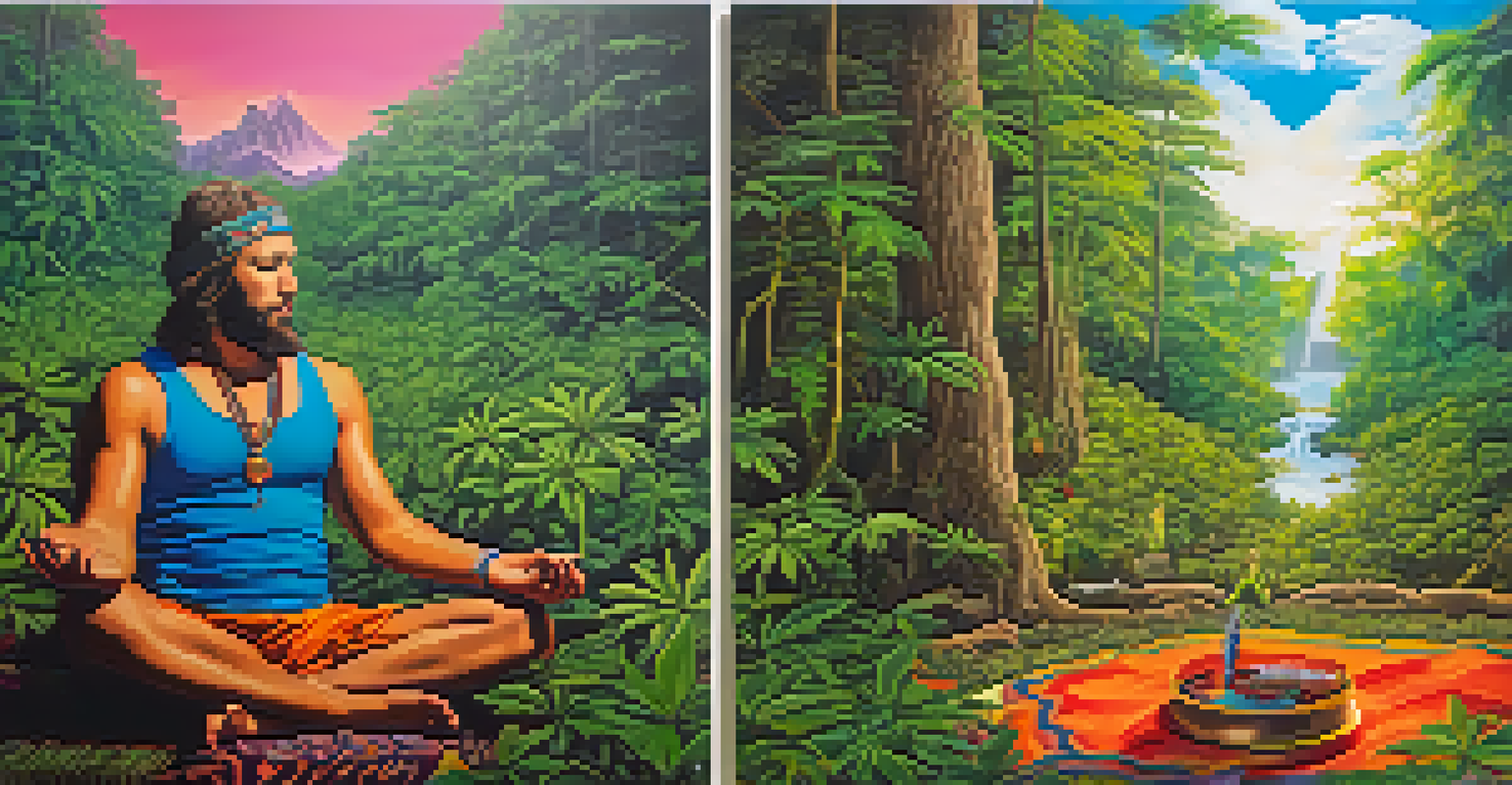 A split image showing an Ayahuasca ceremony in nature on the left and a person using cannabis in a modern room on the right, both representing anxiety relief.
