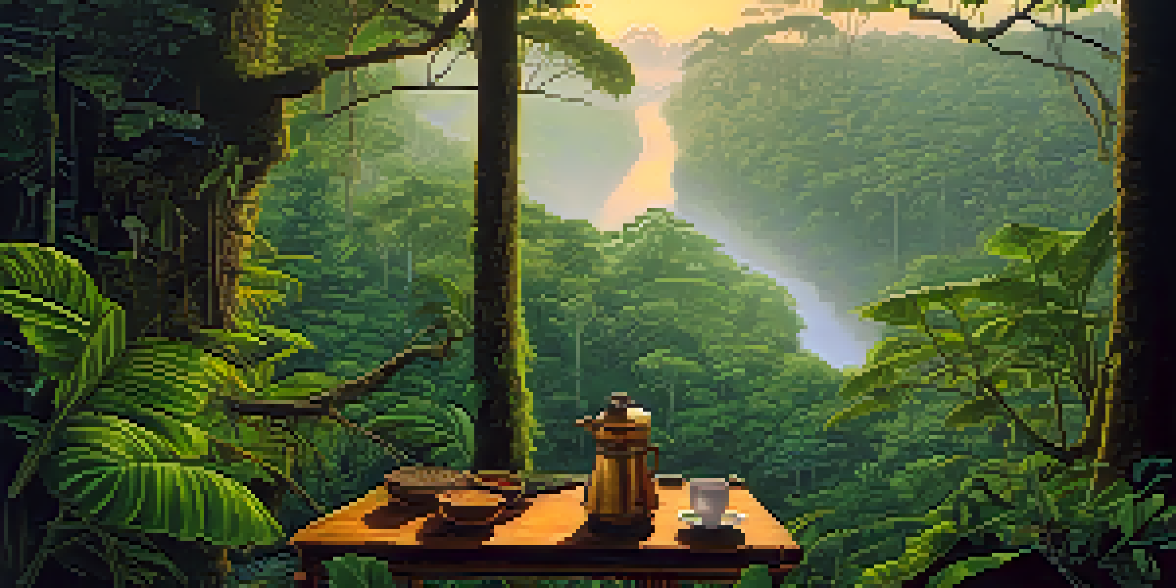 A peaceful Amazon rainforest scene with mist and dawn light, featuring a wooden table with Ayahuasca brewing plants.