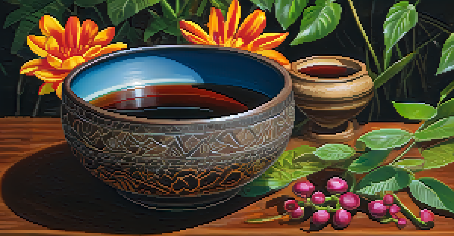 A close-up of Ayahuasca brew in a traditional bowl, surrounded by colorful flowers and leaves, highlighting its natural origins.