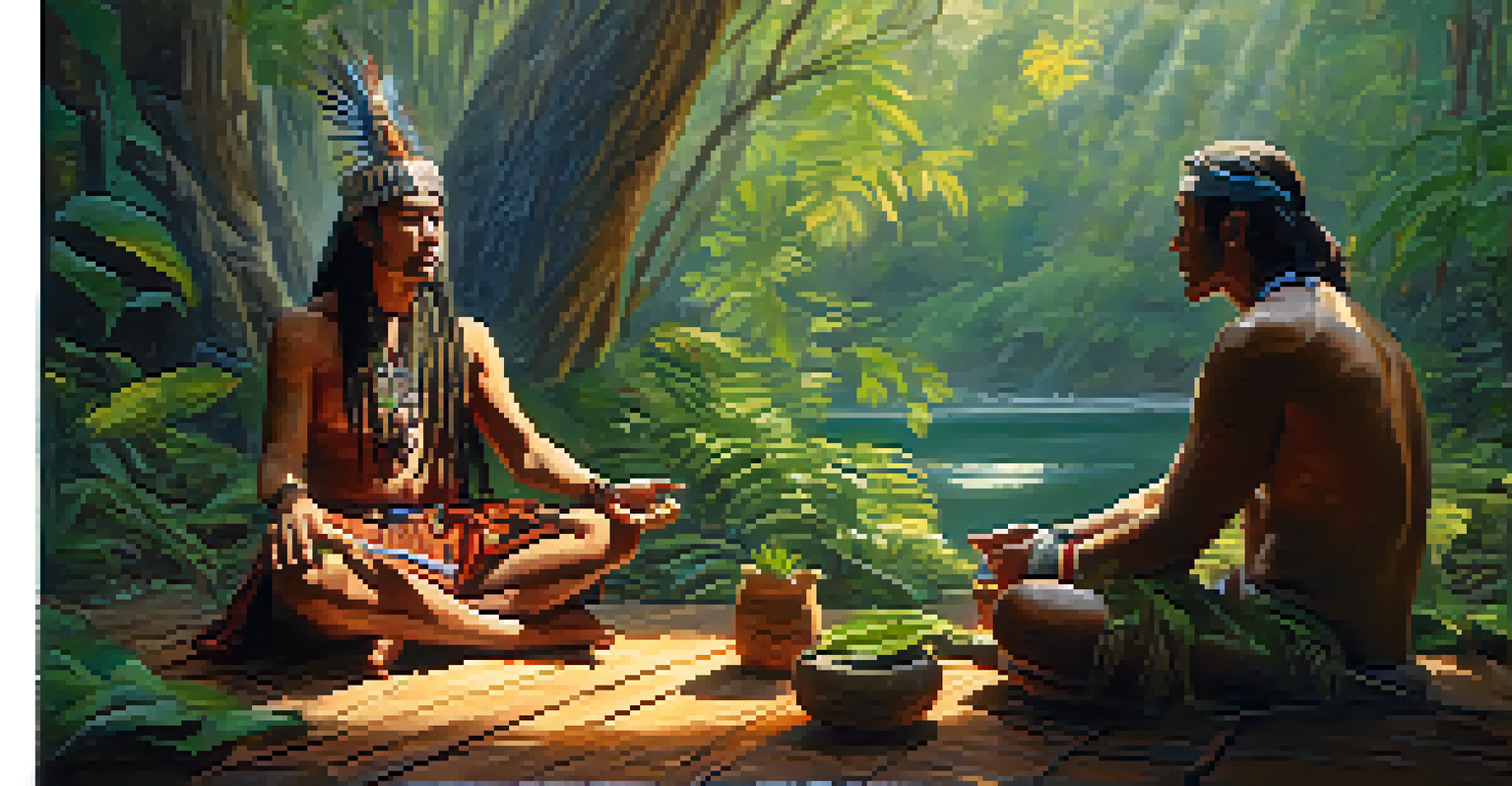 A shaman and participant engaged in a post-ceremony integration session, surrounded by nature and warm sunlight.