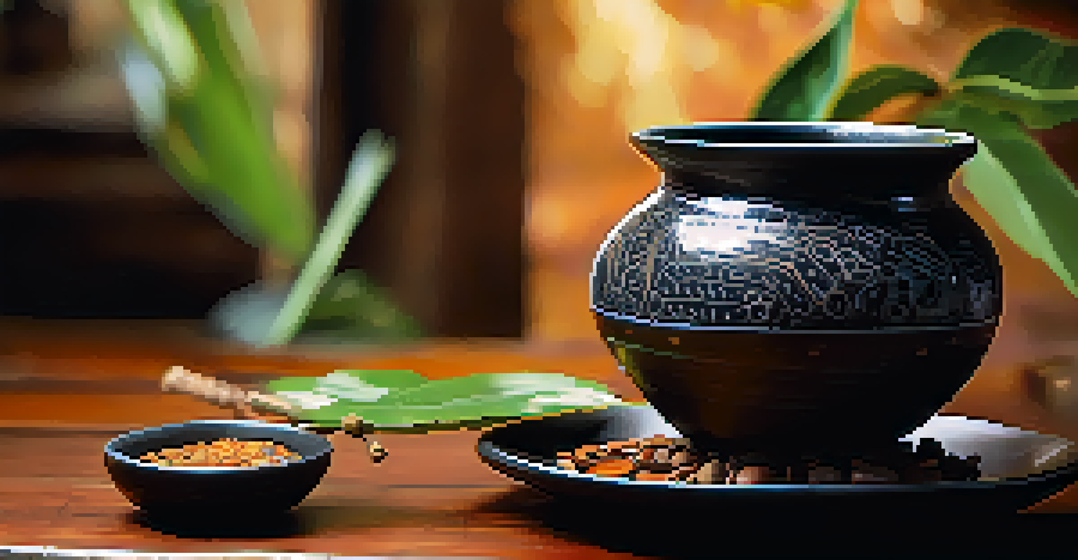 Close-up of Ayahuasca brew being poured into a cup with natural elements around.