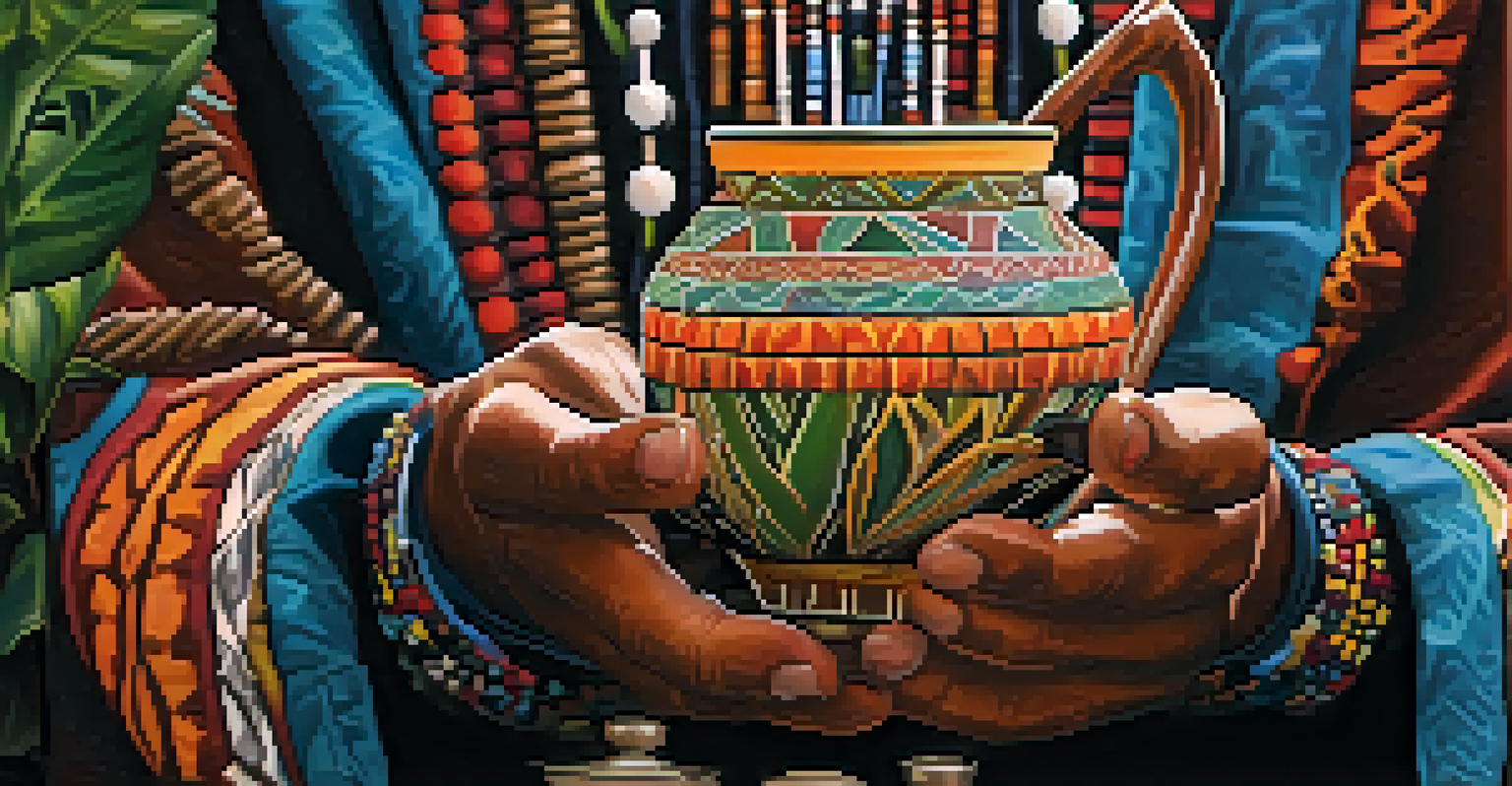 Close-up of a shaman's hands holding a ceremonial cup of ayahuasca brew, with a blurred green background.