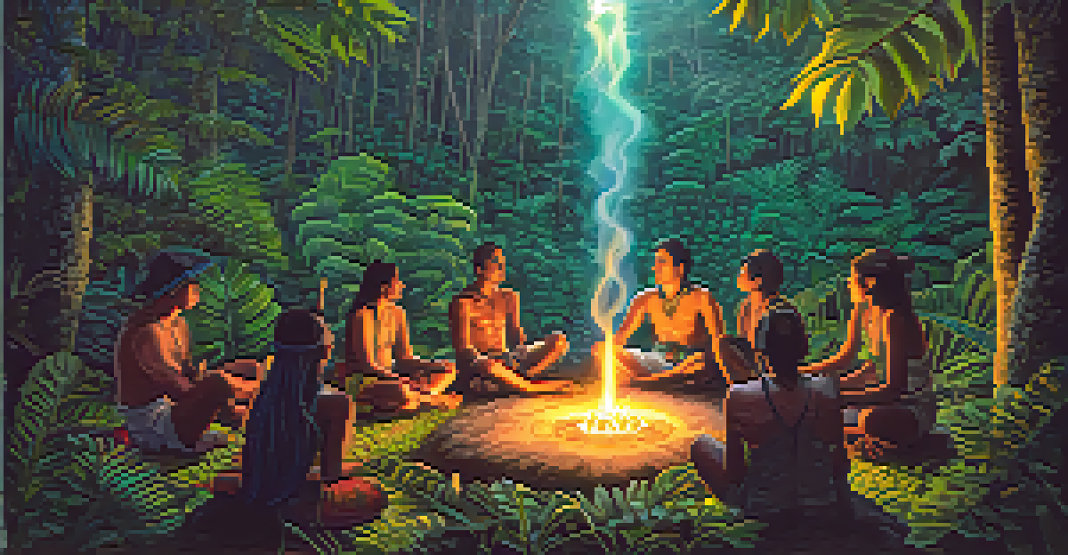 A peaceful group participating in an Ayahuasca ceremony in a vibrant Amazon rainforest, illuminated by a glowing fire under a starry night sky.