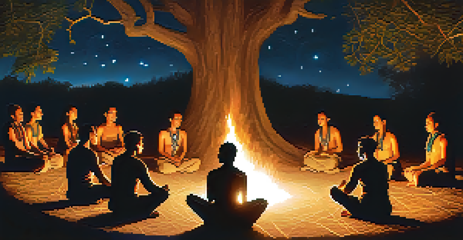 An ayahuasca ceremony at night with participants around a glowing fire, led by a shaman under a starry sky.