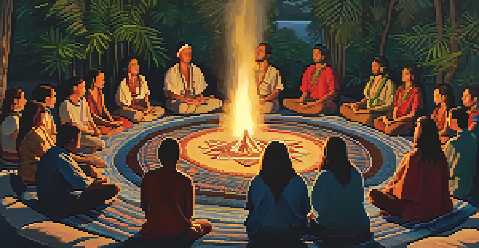 A cozy Ayahuasca ceremony setting with participants sitting in a circle around a fire, illuminated by candlelight, showcasing expressions of contemplation.