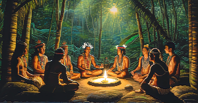 A peaceful ayahuasca ceremony in the Amazon rainforest, with a shaman and participants in a circle surrounded by candles and tribal decorations.