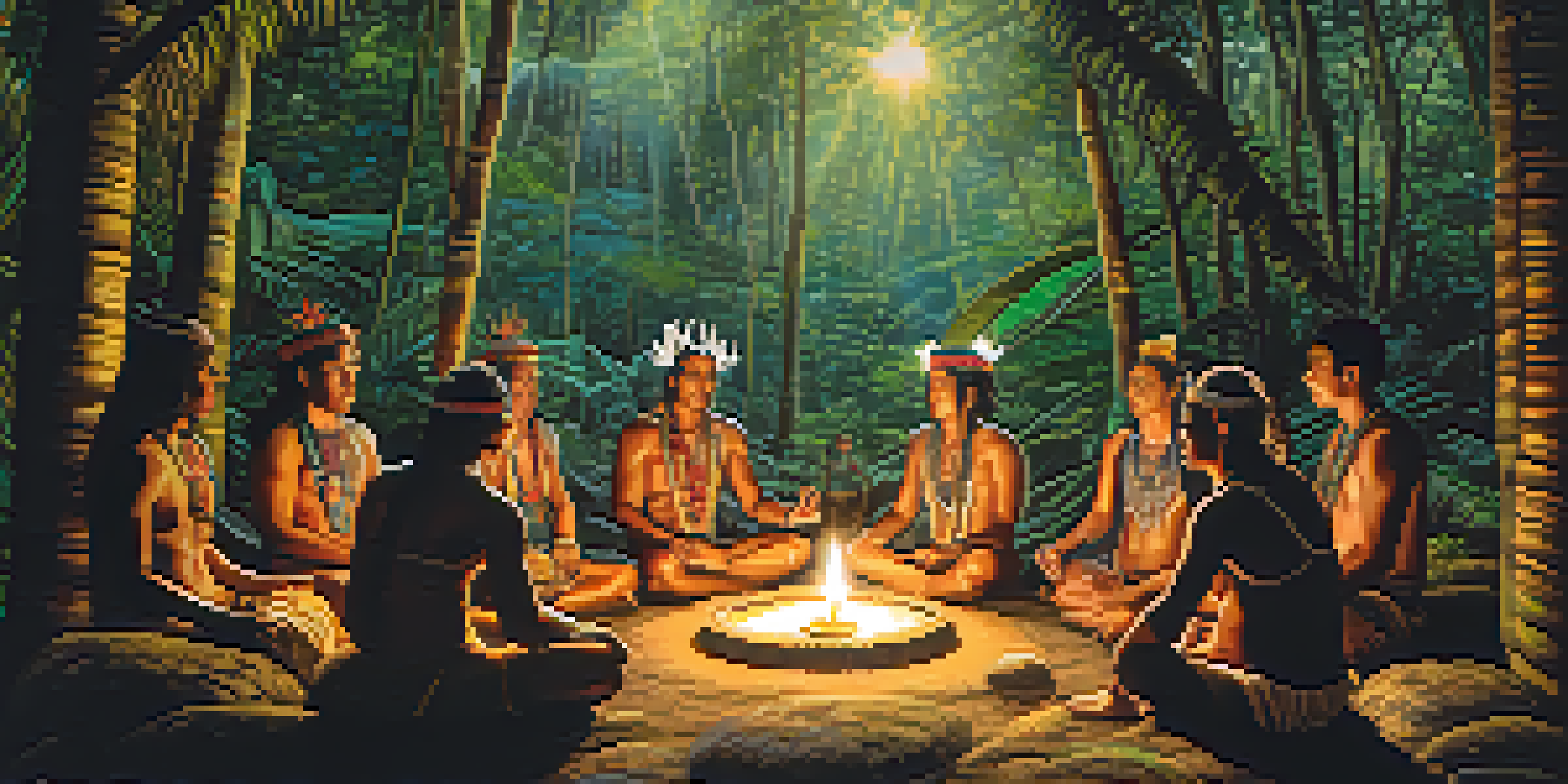 A peaceful ayahuasca ceremony in the Amazon rainforest, with a shaman and participants in a circle surrounded by candles and tribal decorations.