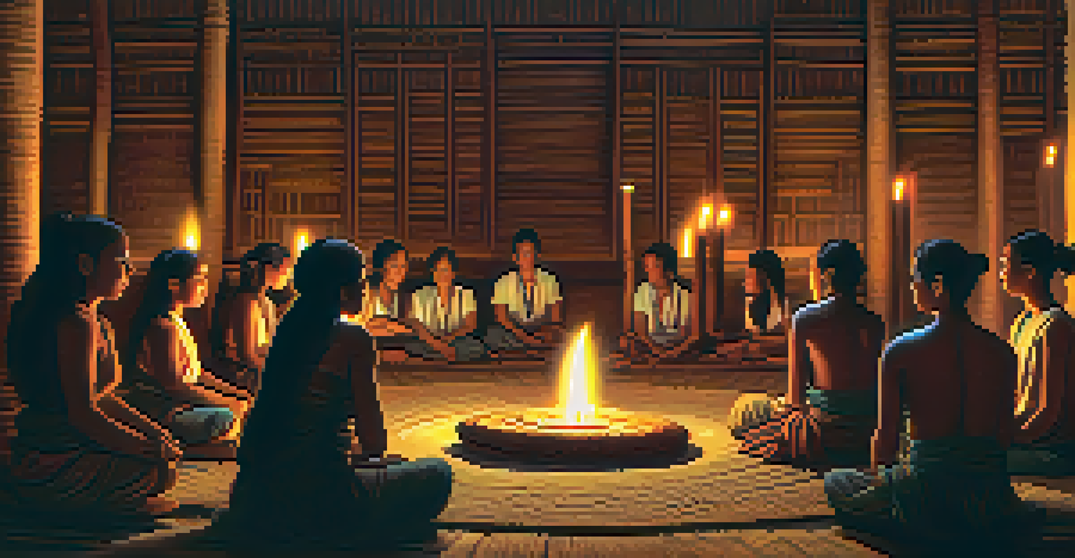 A group of people sitting in a candlelit ceremonial room, reflecting deeply, surrounded by traditional Amazonian artwork.