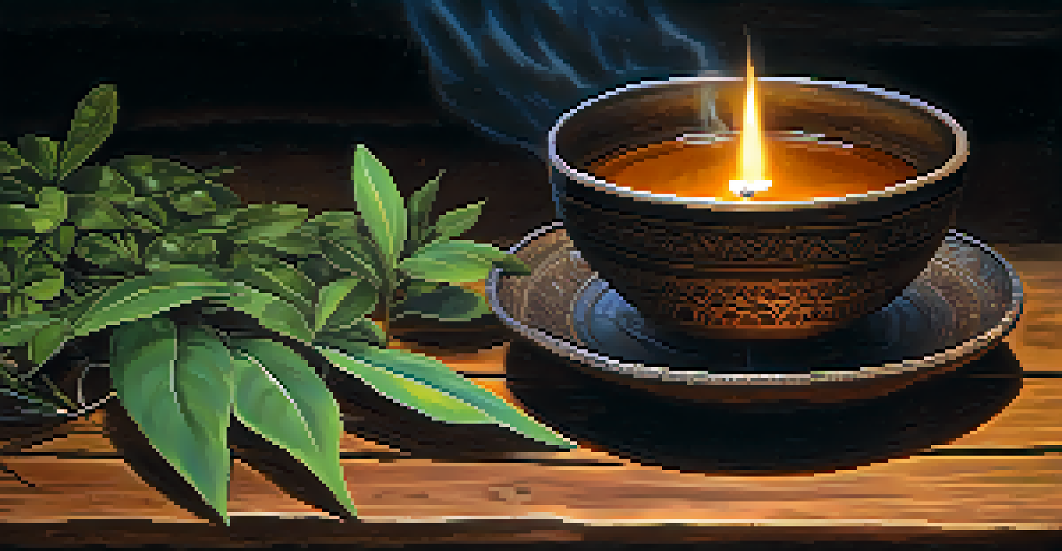 A close-up of a traditional Ayahuasca brew in a ceramic cup with candlelight reflecting on the dark liquid, surrounded by herbs.