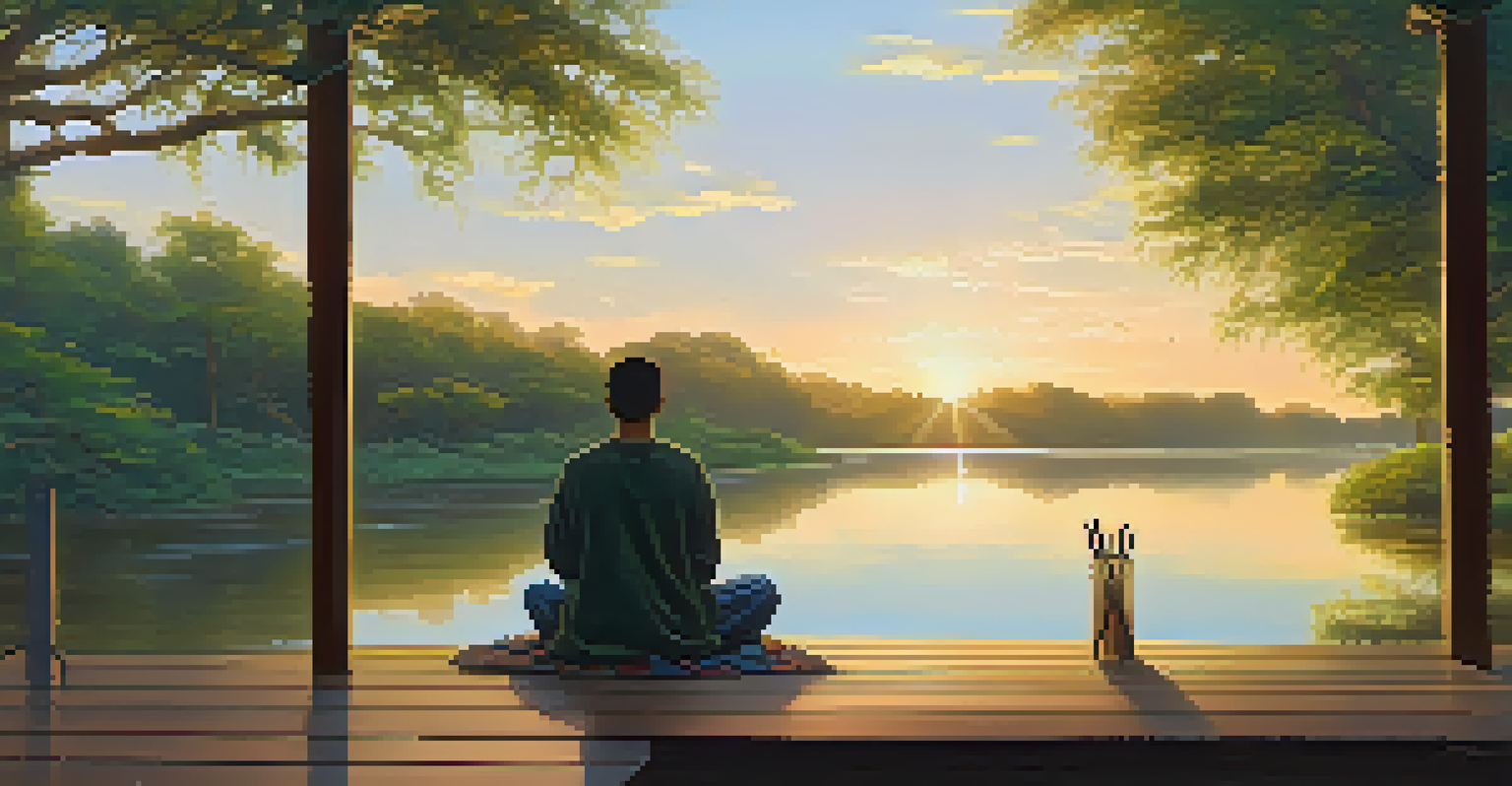 A participant reflecting by a calm river at sunrise after an ayahuasca ceremony, with a journal and pen beside them.