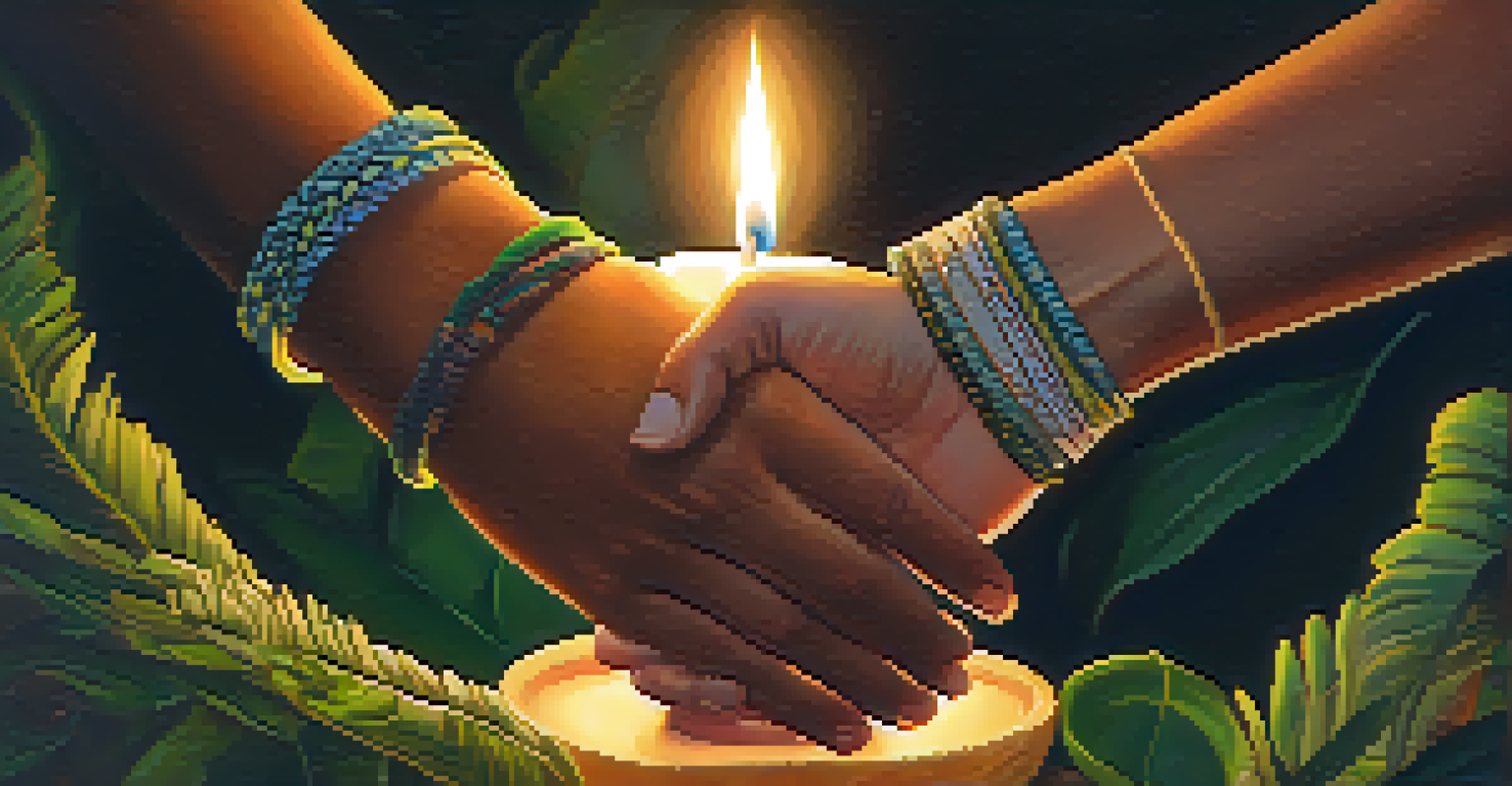 Close-up of two participants holding hands during an ayahuasca ceremony, showing expressions of vulnerability and support, surrounded by soft light and blurred greenery.