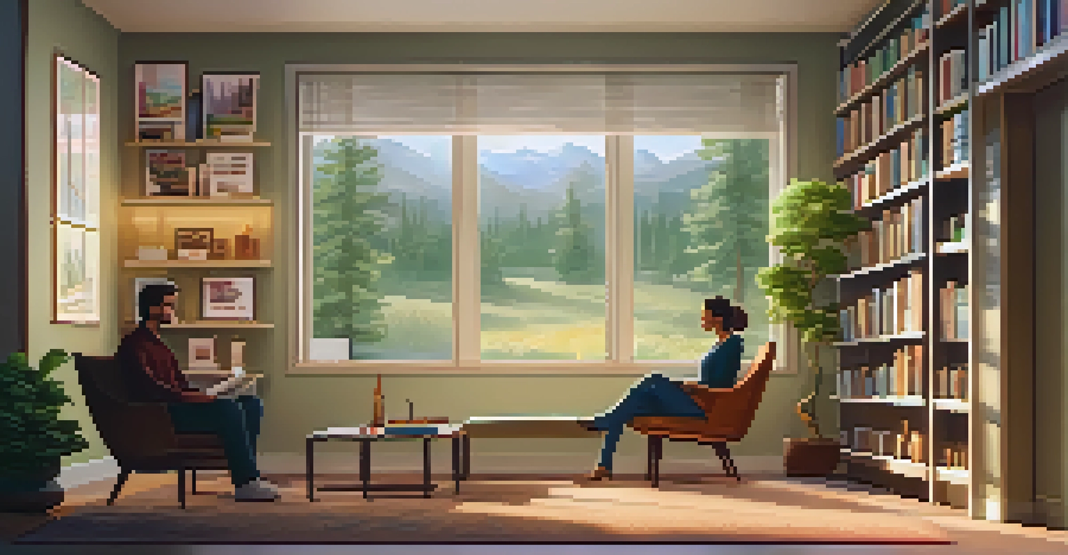 A warm and inviting therapy room with a therapist and a reflective participant, surrounded by books on psychology and a view of nature.