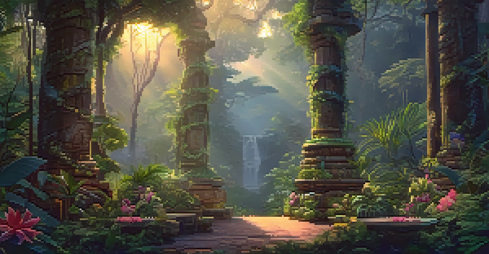 An Amazon rainforest at dusk featuring the Banisteriopsis caapi vine and a ceremonial altar with flowers and artifacts.