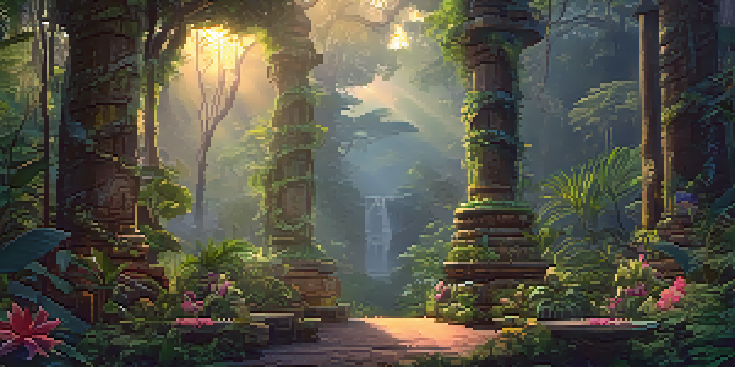 An Amazon rainforest at dusk featuring the Banisteriopsis caapi vine and a ceremonial altar with flowers and artifacts.