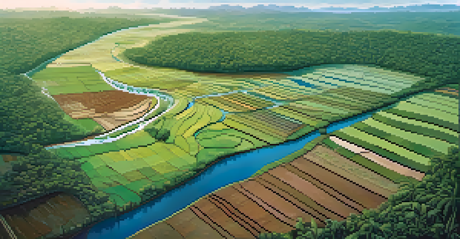 An aerial perspective of a regenerative agriculture farm in the Amazon, featuring contour farming and swales, surrounded by lush rainforest and a blue sky.