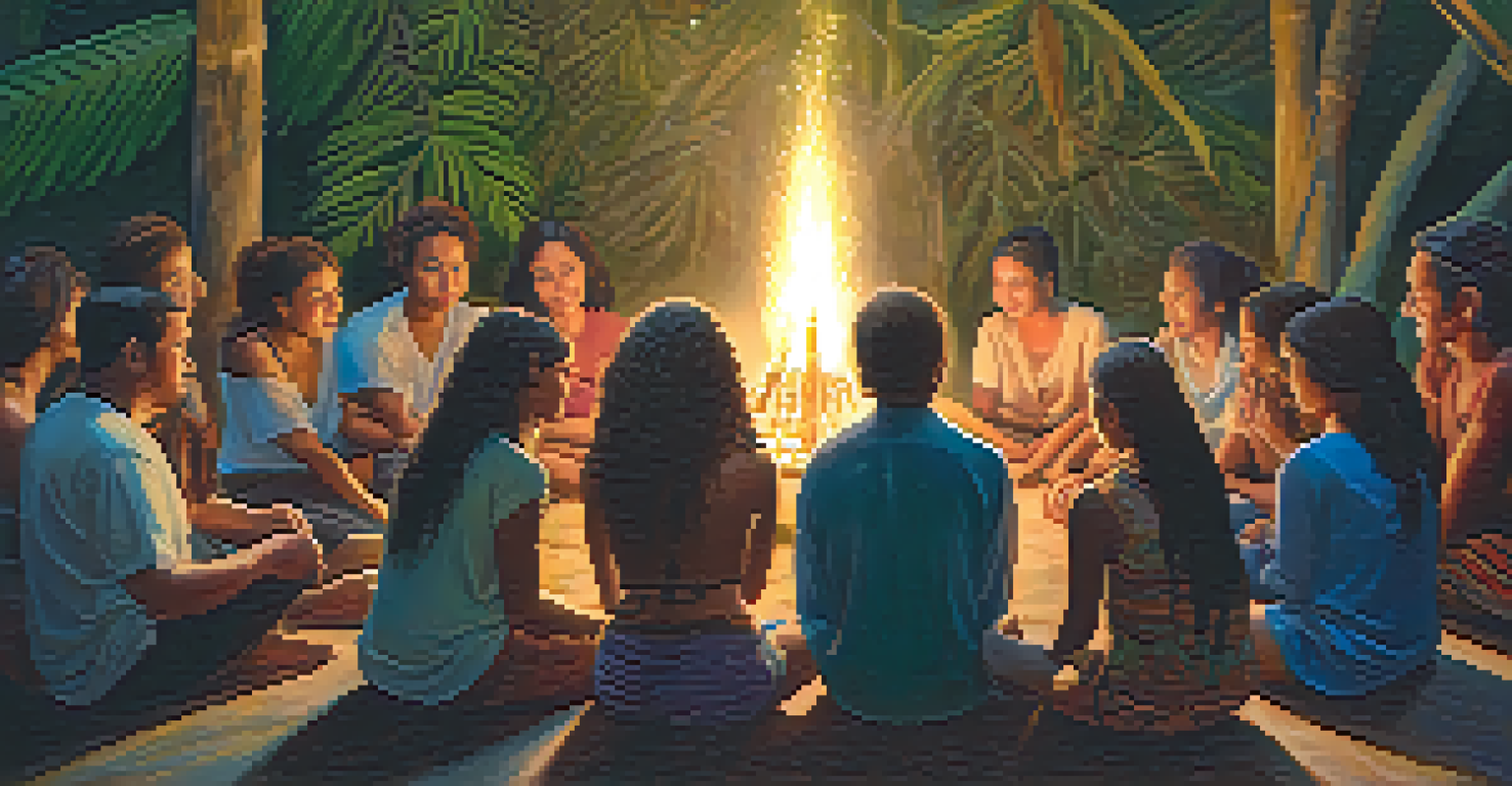 Participants sitting in a supportive circle after an Ayahuasca ceremony, sharing their experiences in a warmly lit setting.