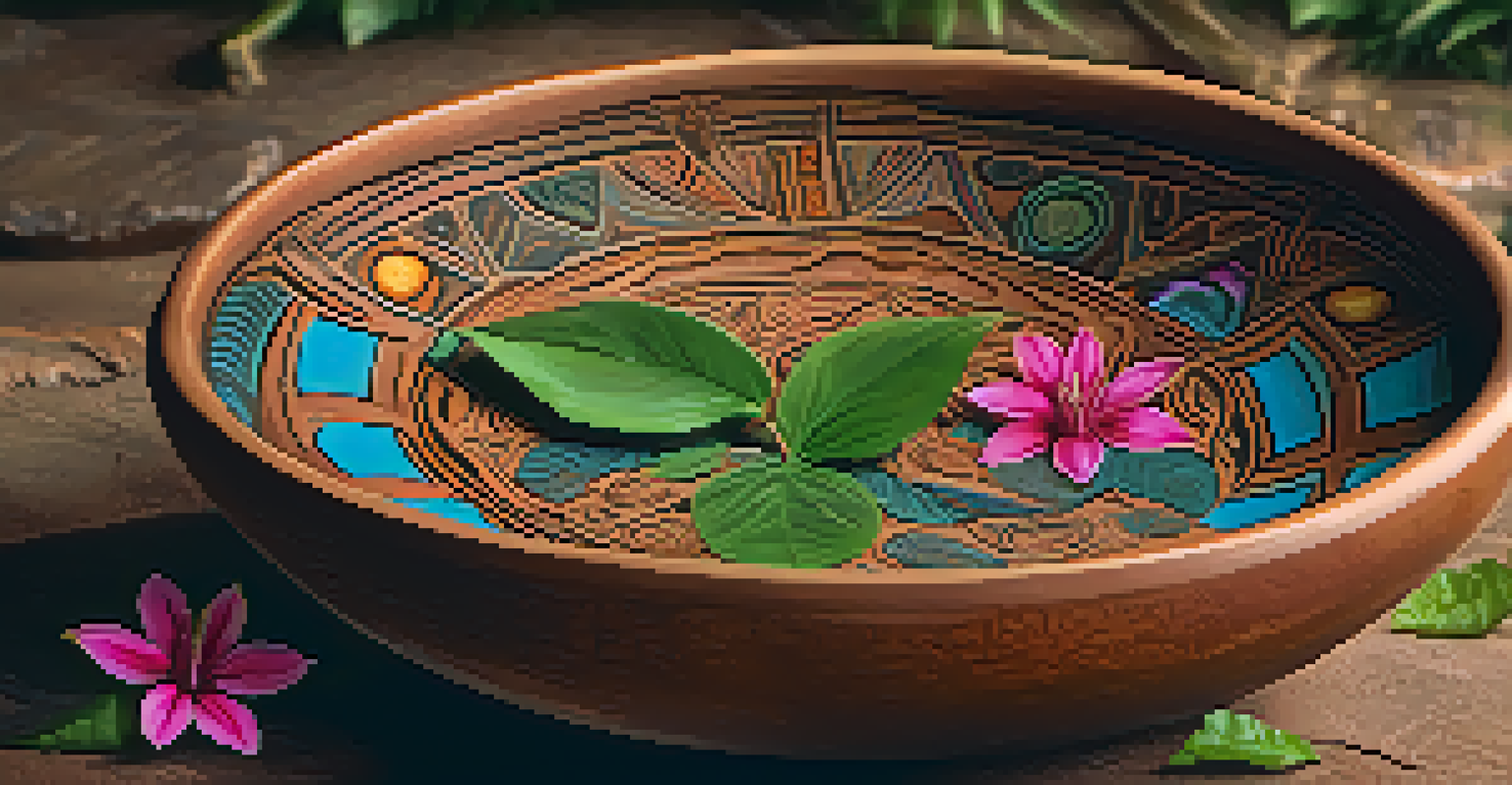 A close-up of Ayahuasca brew in a clay bowl, surrounded by natural leaves and flowers.
