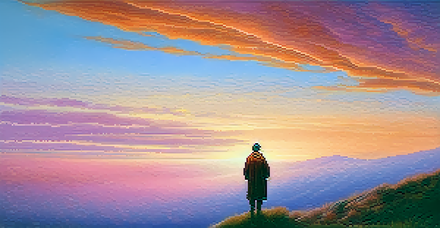 A person standing on a hill at sunset, overlooking a misty valley, with a sky in vibrant shades of orange, pink, and purple.