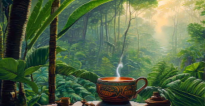 A peaceful Amazonian jungle at dawn with mist and a ceramic cup of Ayahuasca brew surrounded by tropical flowers.