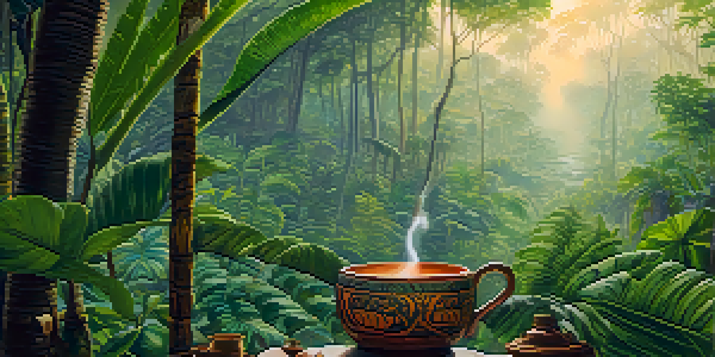 A peaceful Amazonian jungle at dawn with mist and a ceramic cup of Ayahuasca brew surrounded by tropical flowers.