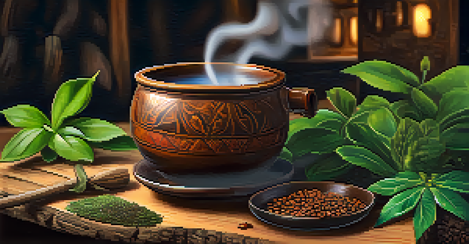 A close-up of a traditional Ayahuasca brew in a ceramic cup on a wooden table, with steam rising and blurred herbs in the background.