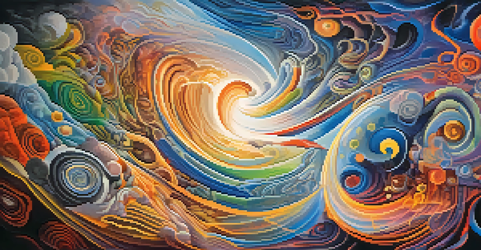 An abstract representation of a mind's journey during therapy, with swirling colors and shapes symbolizing emotional release and clarity.