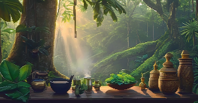A peaceful early morning view of the Amazon rainforest with a traditional ayahuasca brew setup on a wooden table surrounded by tropical plants and sunlight.