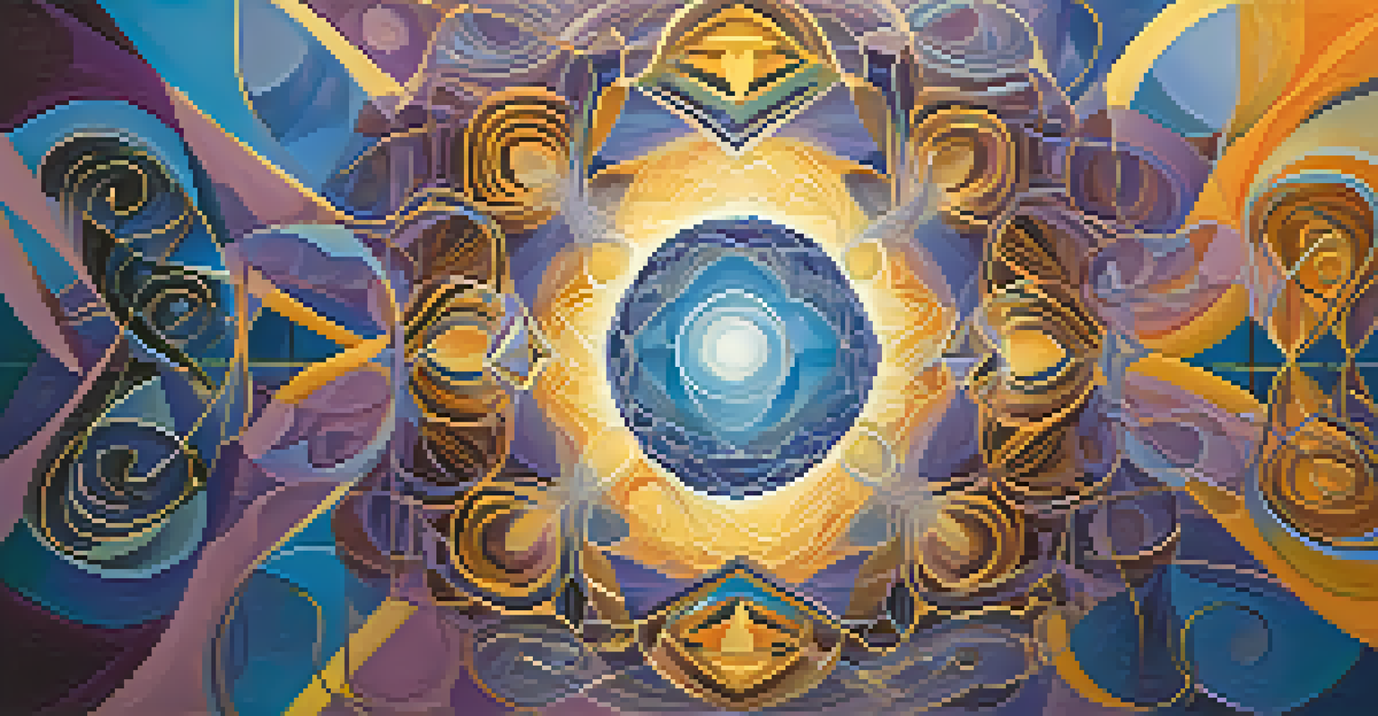 An abstract depiction of consciousness with swirling colors and interconnected shapes, symbolizing thoughts and emotions.
