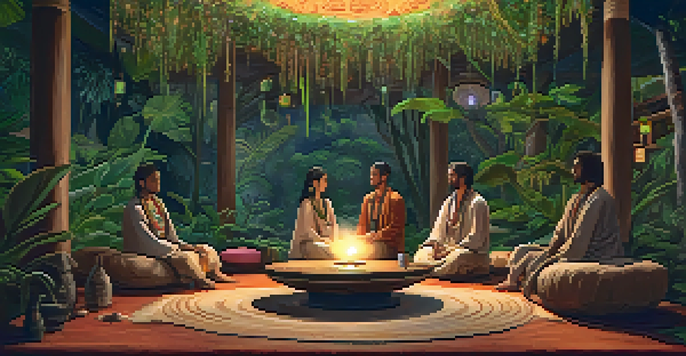 A peaceful Ayahuasca ceremony with cozy seating, warm lighting, and a shaman playing traditional instruments.