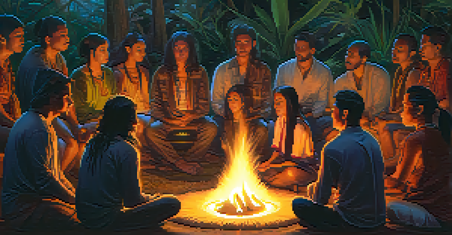 A gathering of participants in an Ayahuasca ceremony, illuminated by firelight, showcasing a sense of connection and reflection.