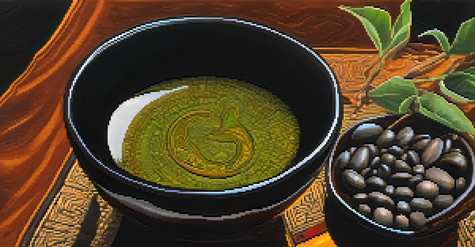 A close-up of traditional ayahuasca brew in a ceramic bowl, surrounded by leaves and stones, highlighting its natural and sacred essence.