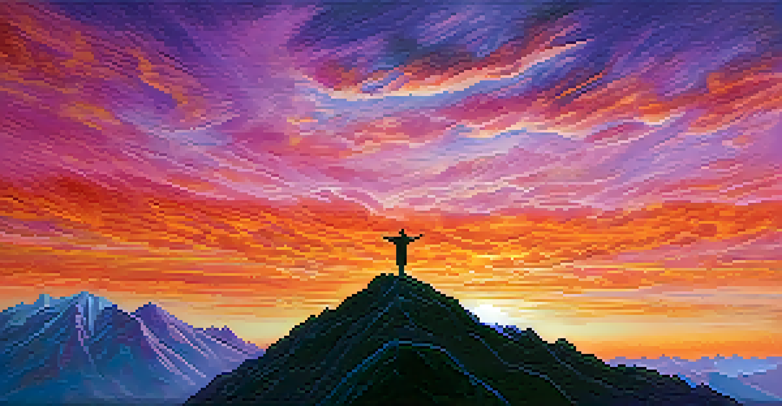 A silhouette of a person on a mountain peak at sunrise, arms outstretched, symbolizing spiritual growth.
