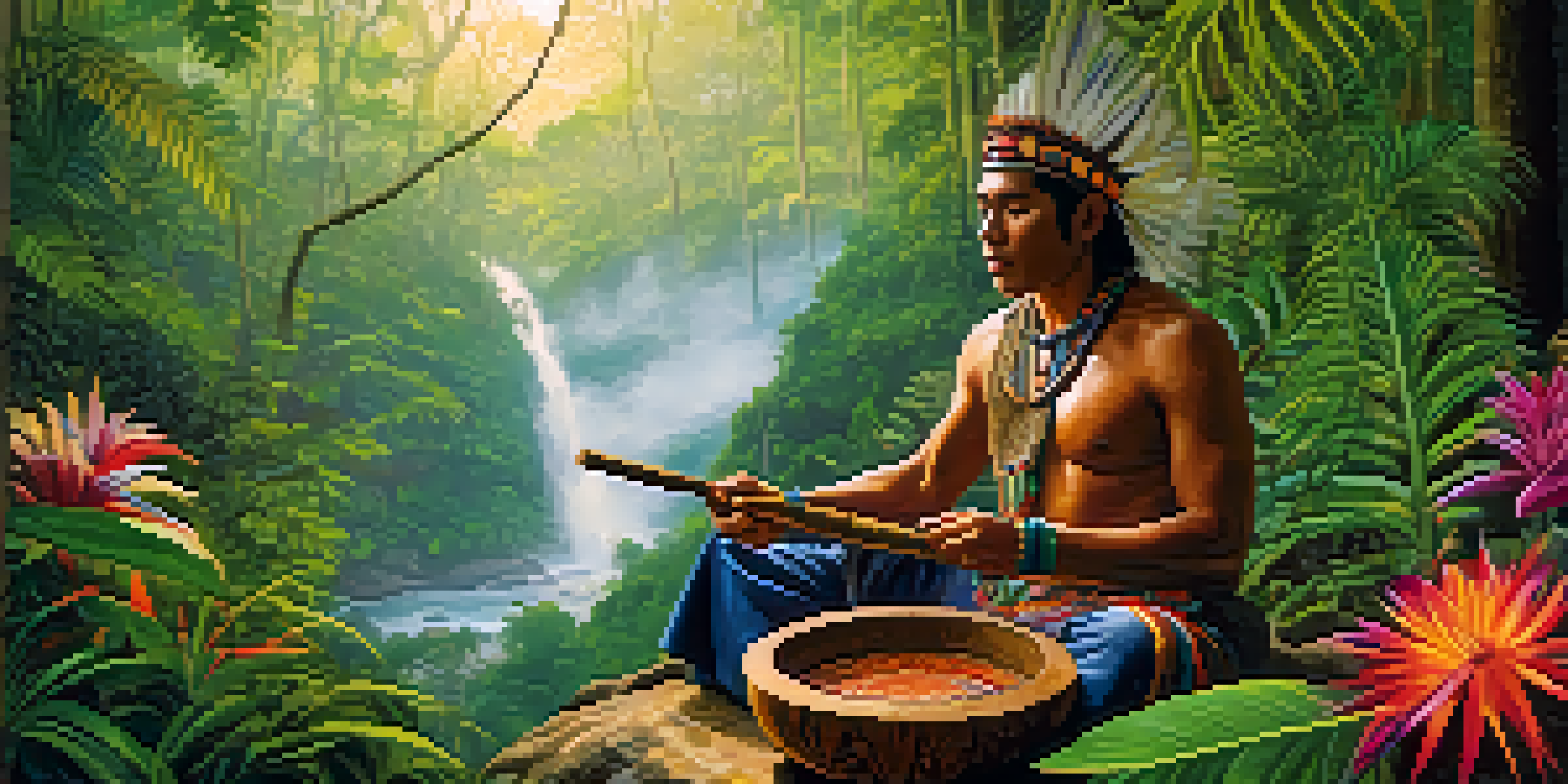 A traditional shaman in a colorful outfit preparing Ayahuasca in a wooden bowl surrounded by lush Amazon rainforest scenery at dawn.