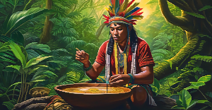 A traditional Amazonian shaman preparing Ayahuasca in the jungle, with vibrant green foliage and a warm fire.