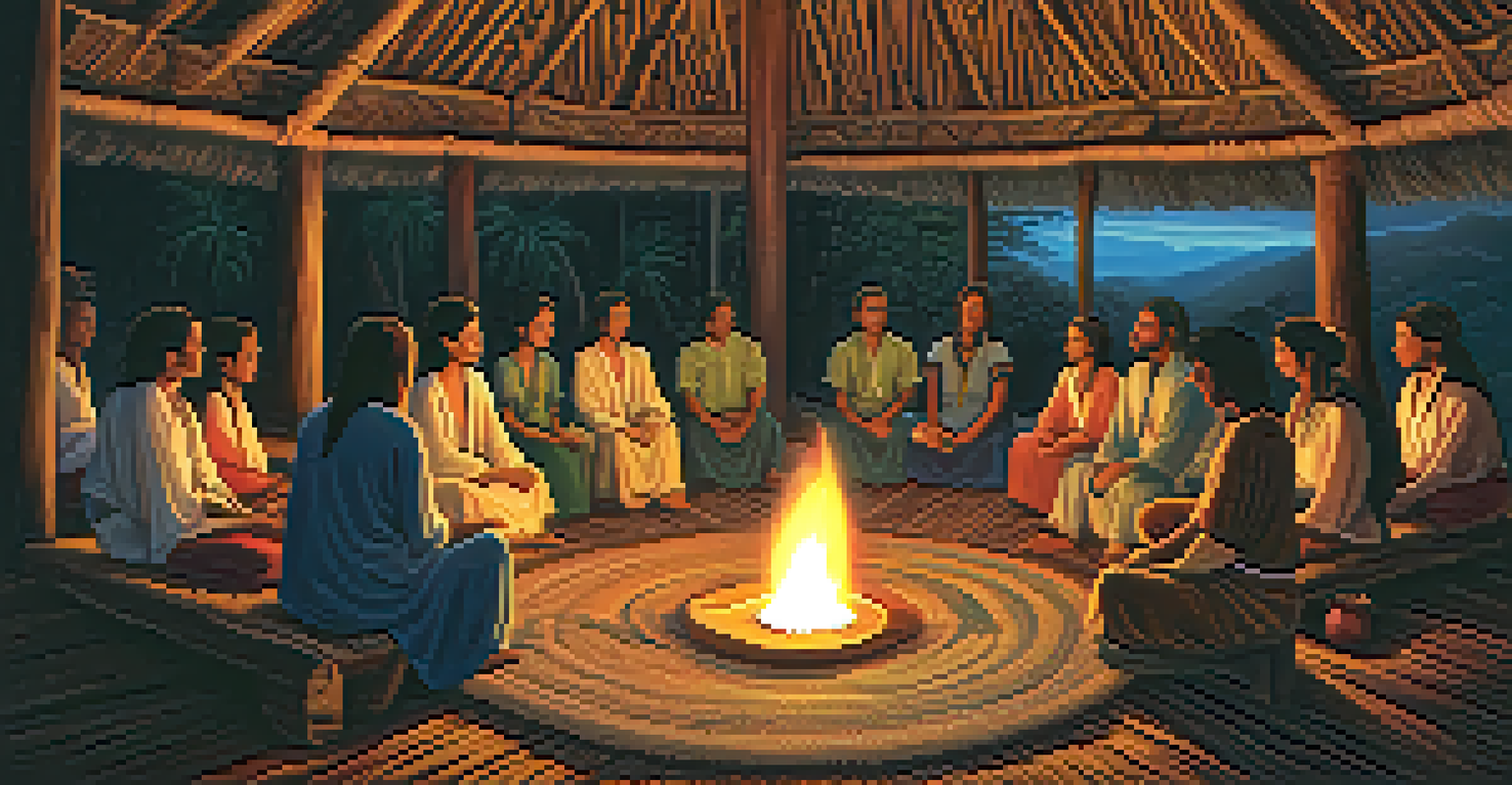 An Ayahuasca ceremony inside a wooden hut with participants in a circle and traditional art on the walls.