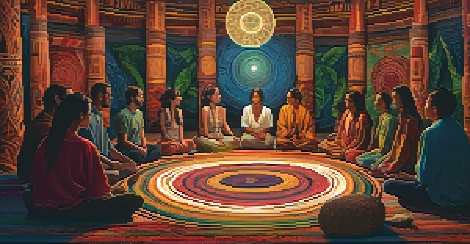 A group of individuals participating in an ayahuasca ceremony, sitting in a circle in a dimly lit room, engaged in deep reflection.